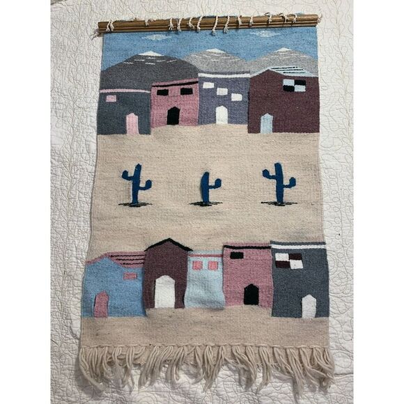 Vintage Handmade Latin American Mexican Wool Tapestry Pastel Kilim Desert Cactus - Picture 1 of 4